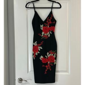 Angel Biba Black with Red Flowers Midi Dress